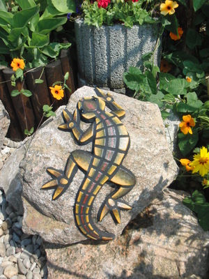 Mosaike für Garten: Mosaikkunst: Eidechse gross oliv-gelb